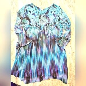 OneWorld Live and Let Live Embellished Boho Tunic Top Small Blue Purple Print